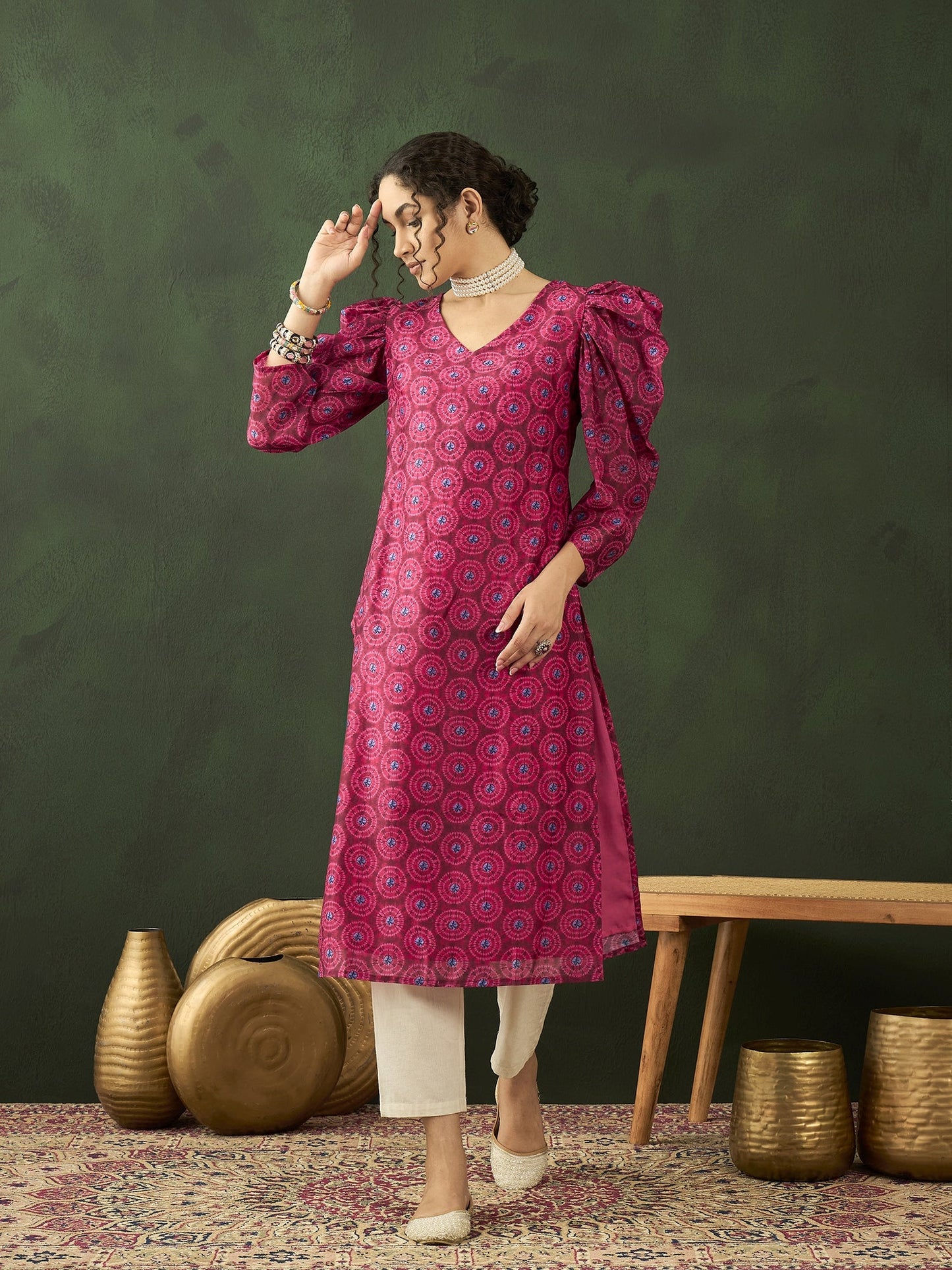 Magenta Printed Straight Kurta - Elganza