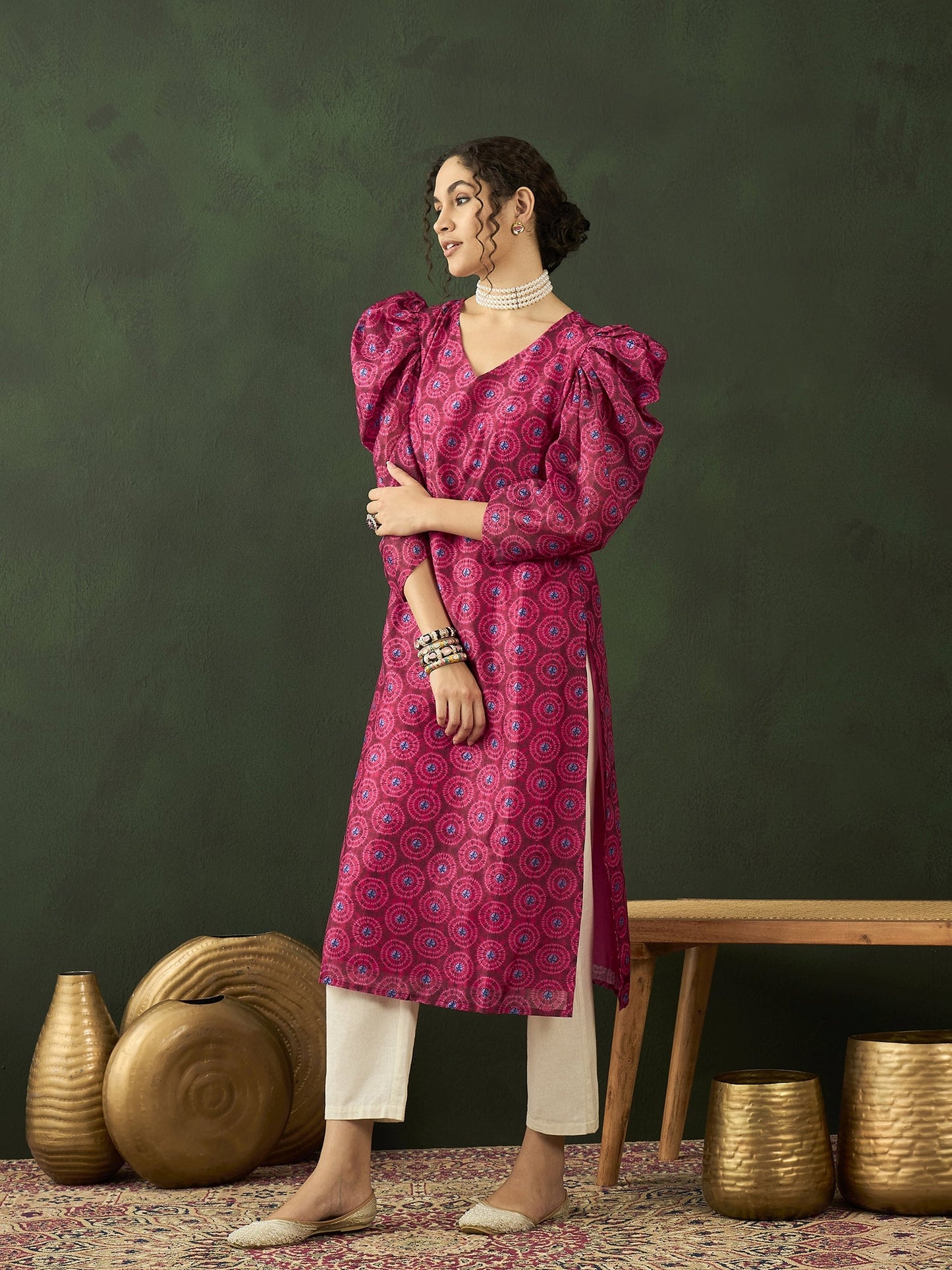 Magenta Printed Straight Kurta - Elganza
