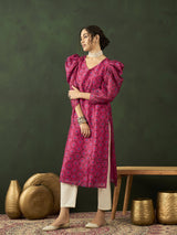 Magenta Printed Straight Kurta - Elganza