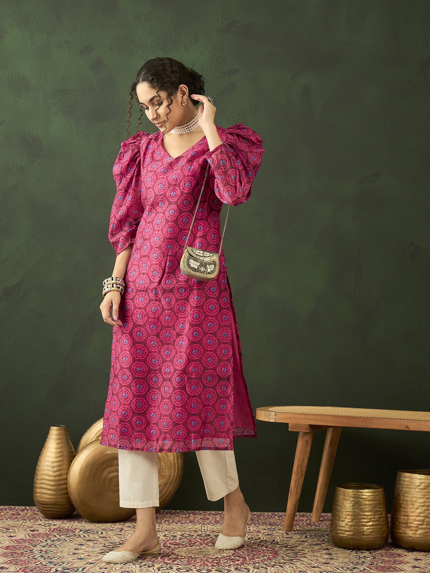 Magenta Printed Straight Kurta - Elganza