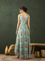 Green Floral Print V-Neck Gown Dress - Elganza