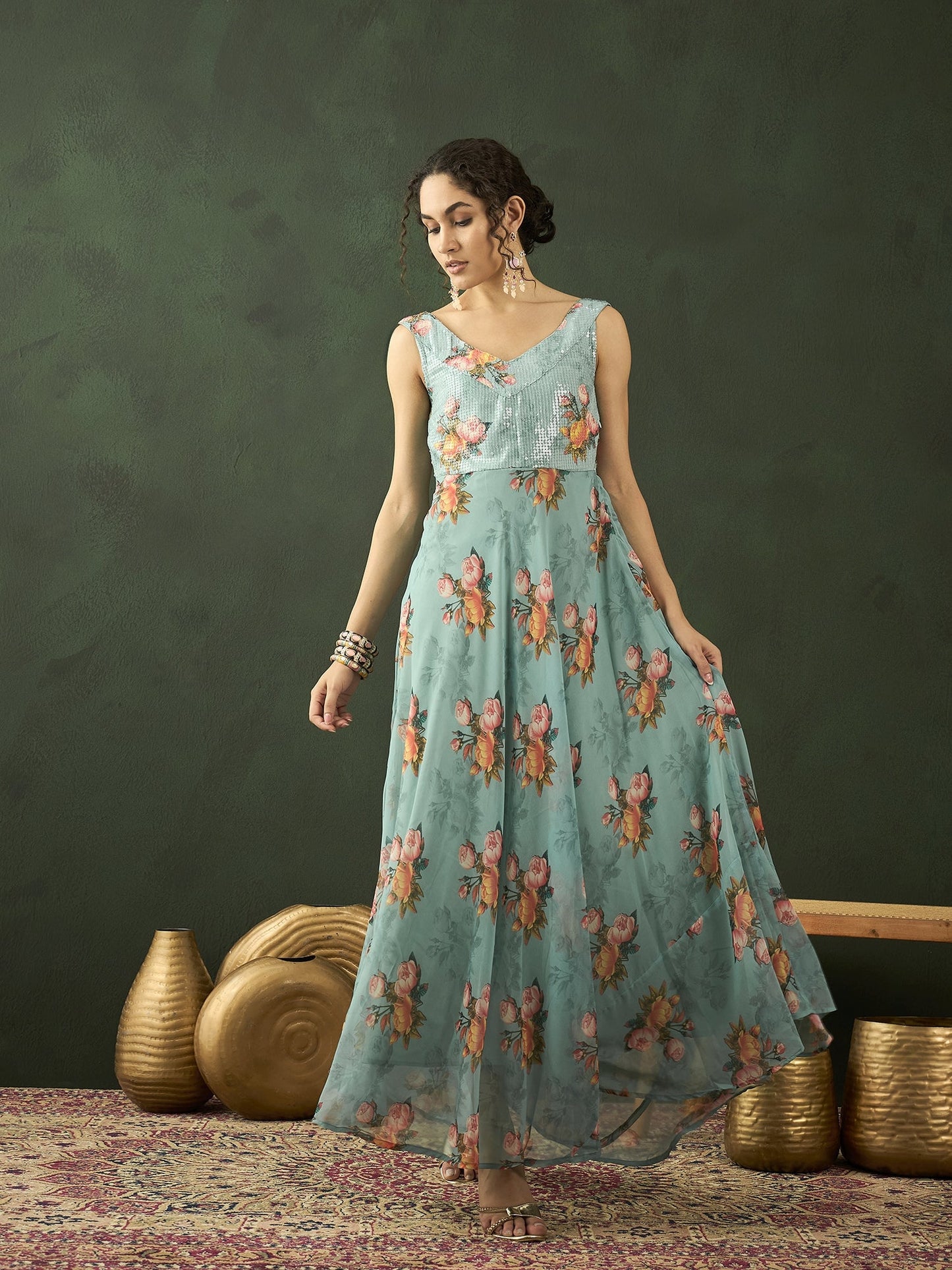 Green Floral Print V-Neck Gown Dress - Elganza