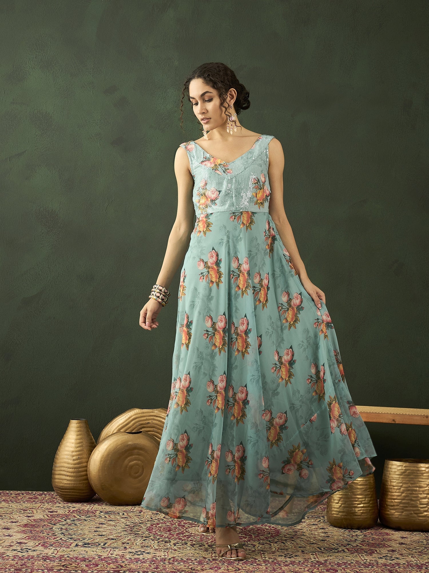Green Floral Print V-Neck Gown Dress - Elganza