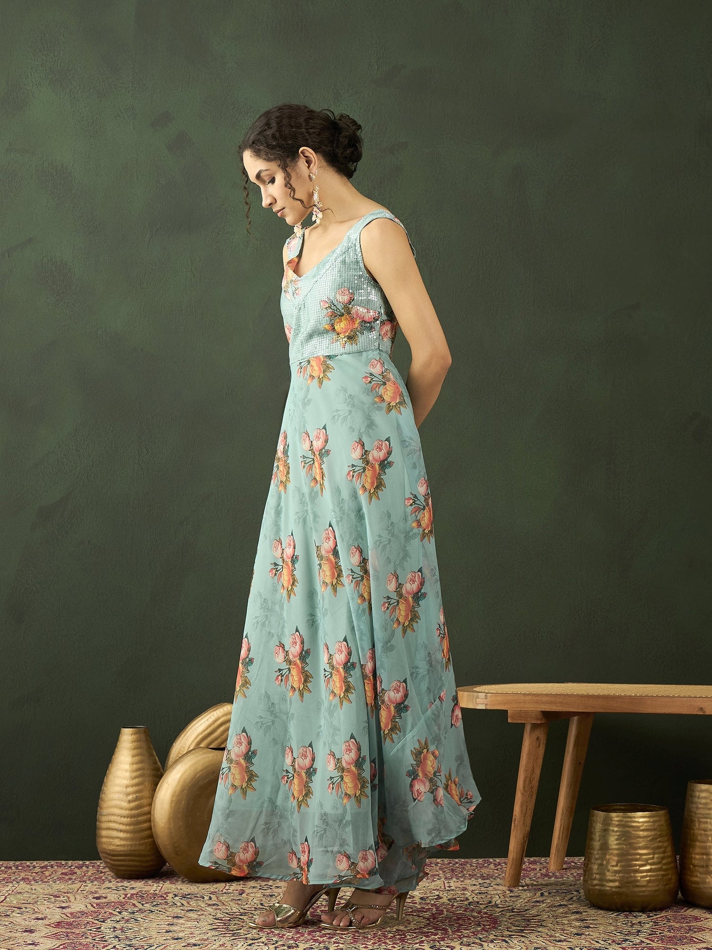 Green Floral Print V-Neck Gown Dress - Elganza