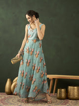 Green Floral Print V-Neck Gown Dress - Elganza