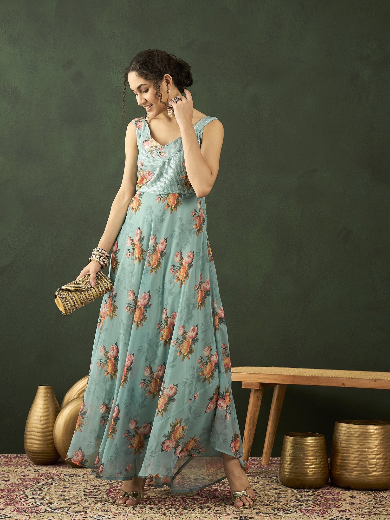 Green Floral Print V-Neck Gown Dress - Elganza