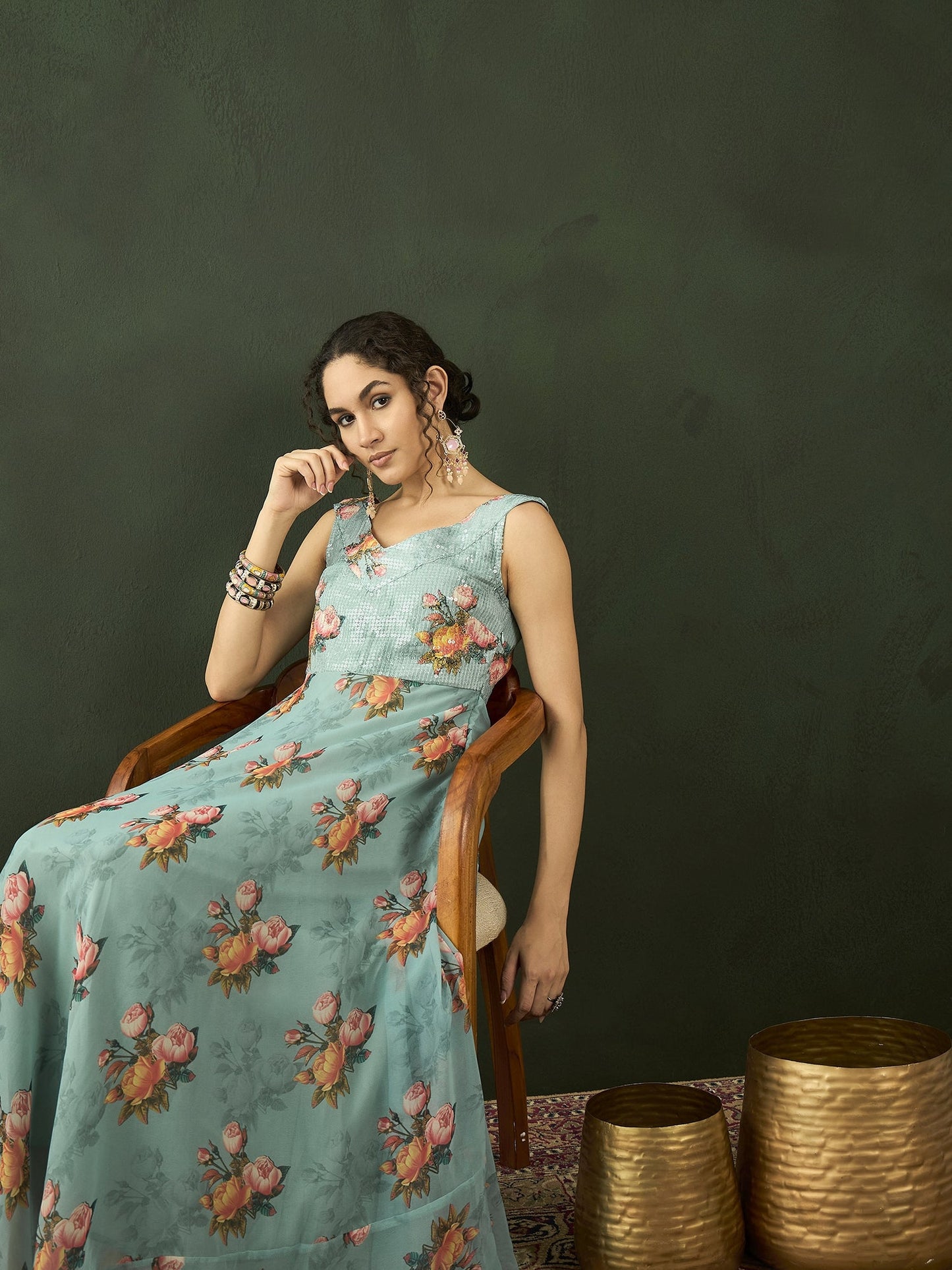 Green Floral Print V-Neck Gown Dress - Elganza