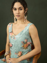 Green Floral Print V-Neck Gown Dress - Elganza
