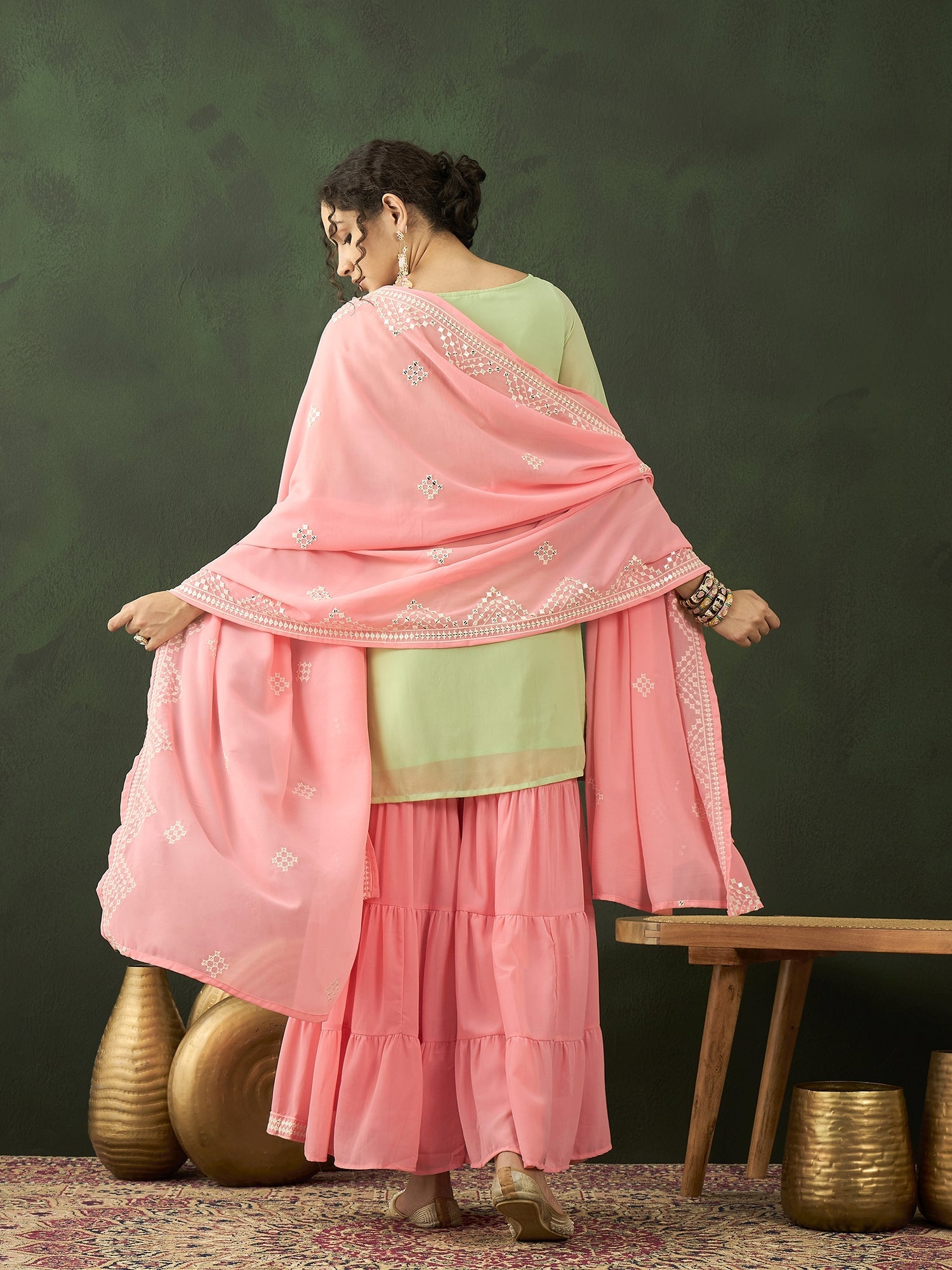 Peach & Sea Green Embroidered Kurta Sharara With Dupatta - Elganza