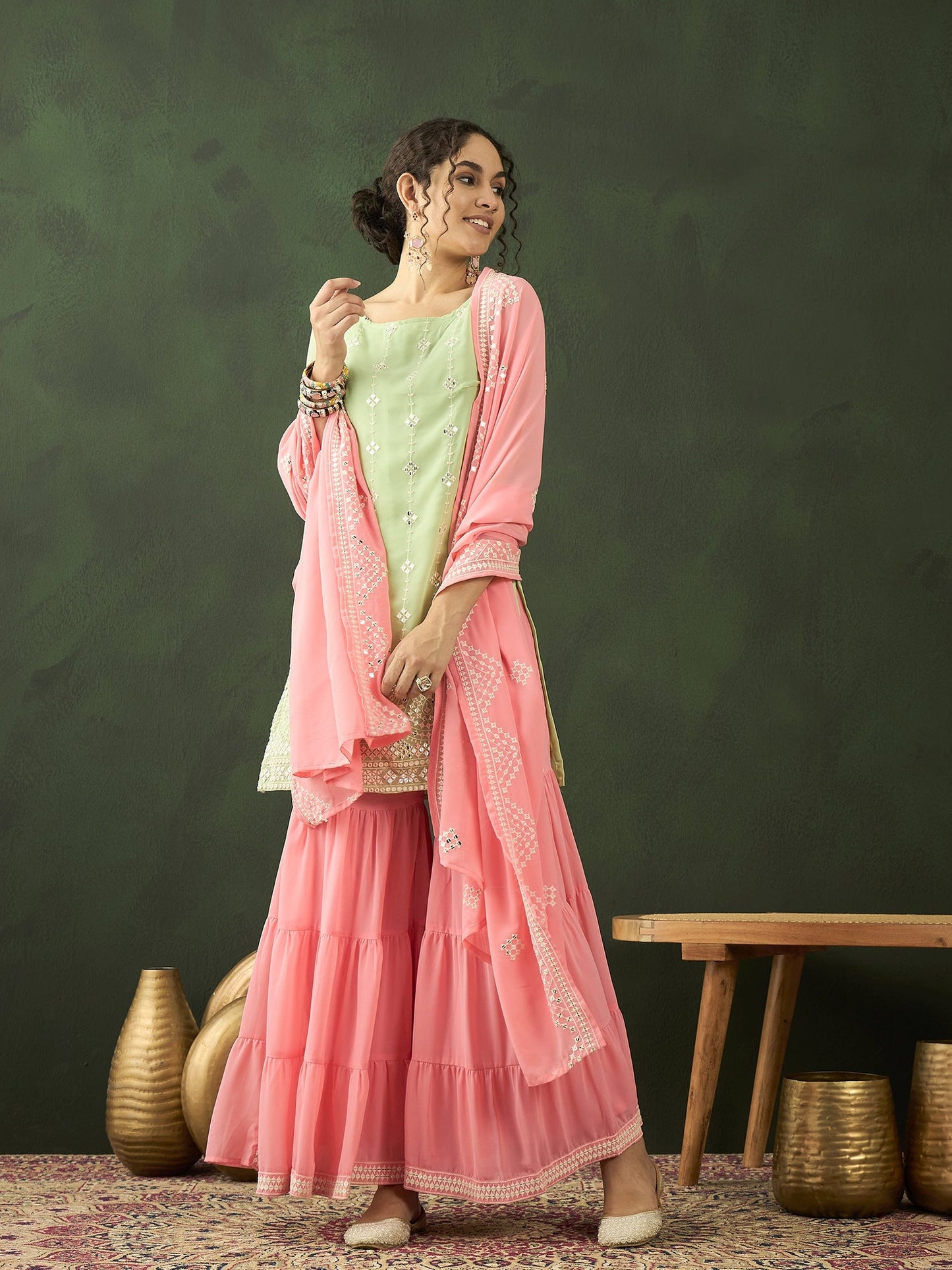 Peach & Sea Green Embroidered Kurta Sharara With Dupatta - Elganza