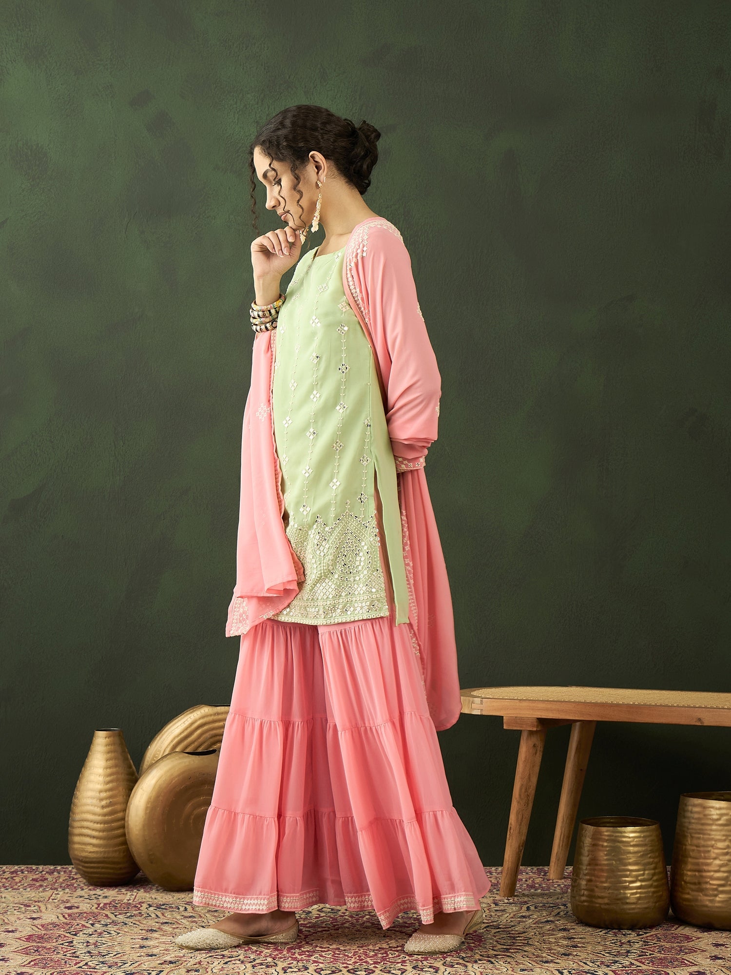 Peach & Sea Green Embroidered Kurta Sharara With Dupatta - Elganza