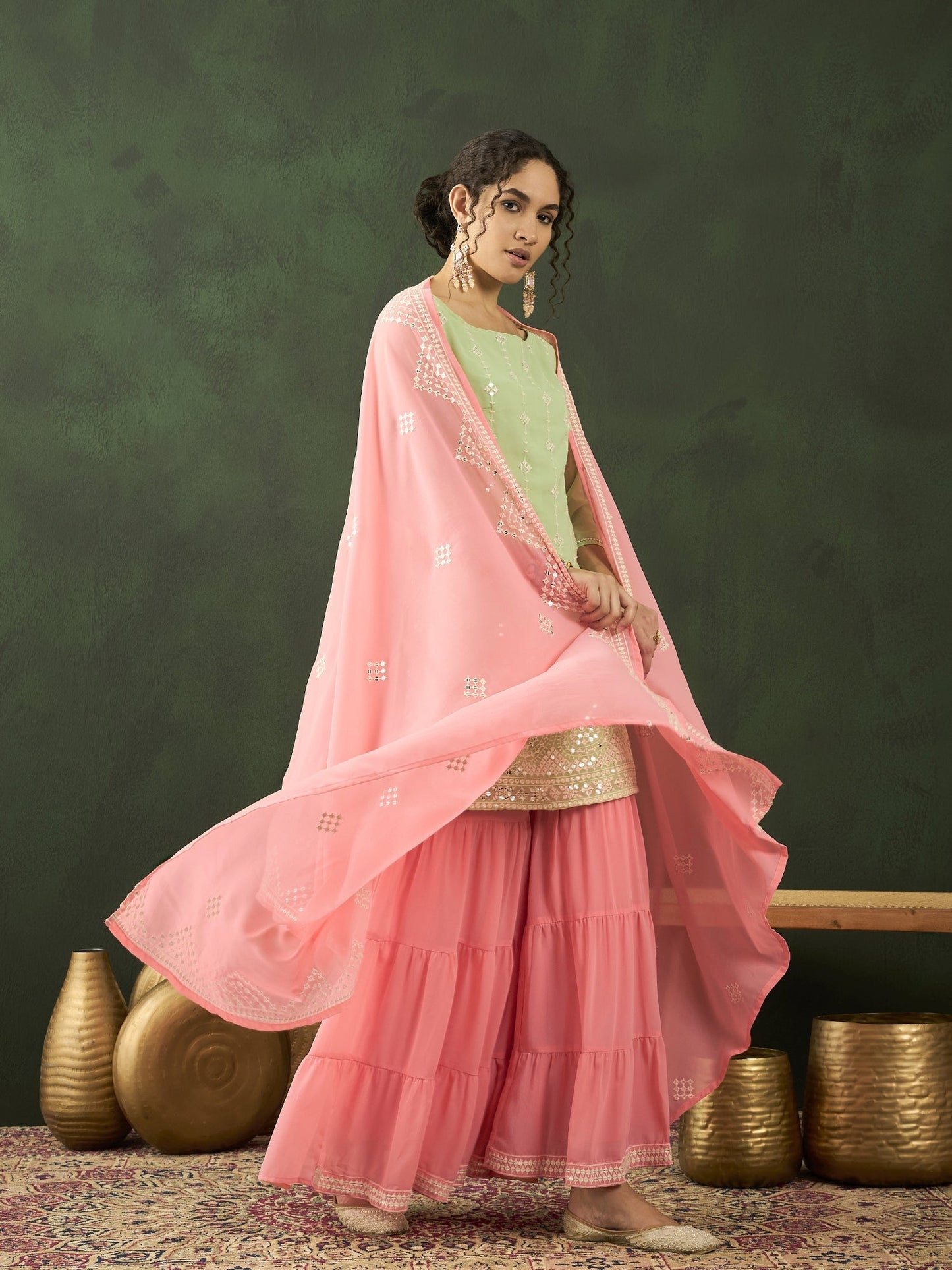 Peach & Sea Green Embroidered Kurta Sharara With Dupatta - Elganza