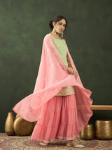 Peach & Sea Green Embroidered Kurta Sharara With Dupatta - Elganza