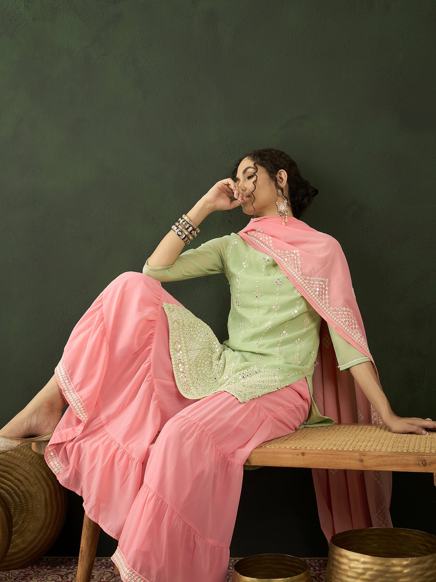 Peach & Sea Green Embroidered Kurta Sharara With Dupatta - Elganza