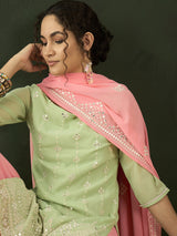 Peach & Sea Green Embroidered Kurta Sharara With Dupatta - Elganza