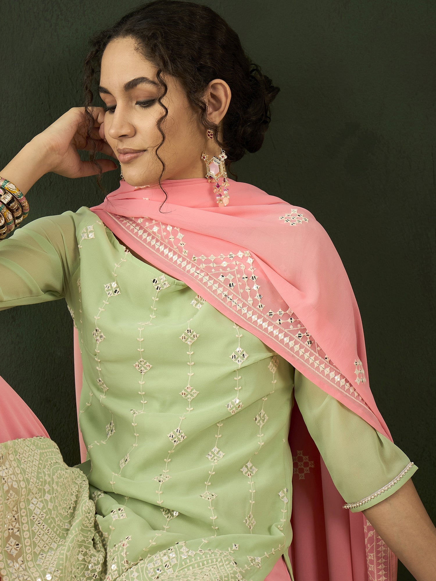 Peach & Sea Green Embroidered Kurta Sharara With Dupatta - Elganza