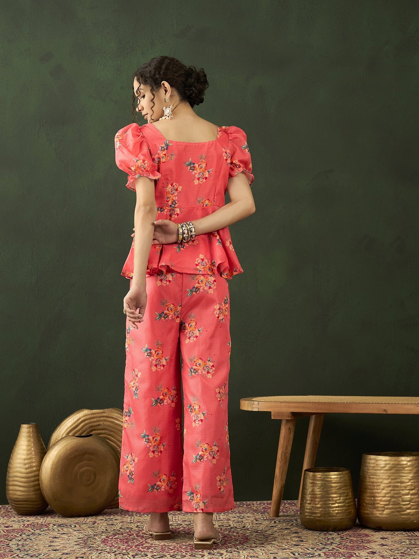 Coral Floral Print Co-ords Set - Elganza