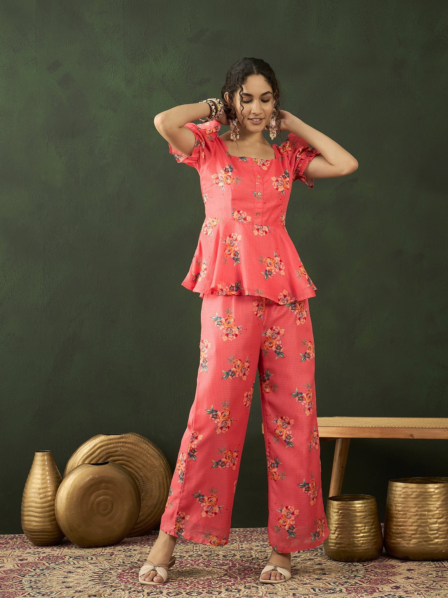 Coral Floral Print Co-ords Set - Elganza