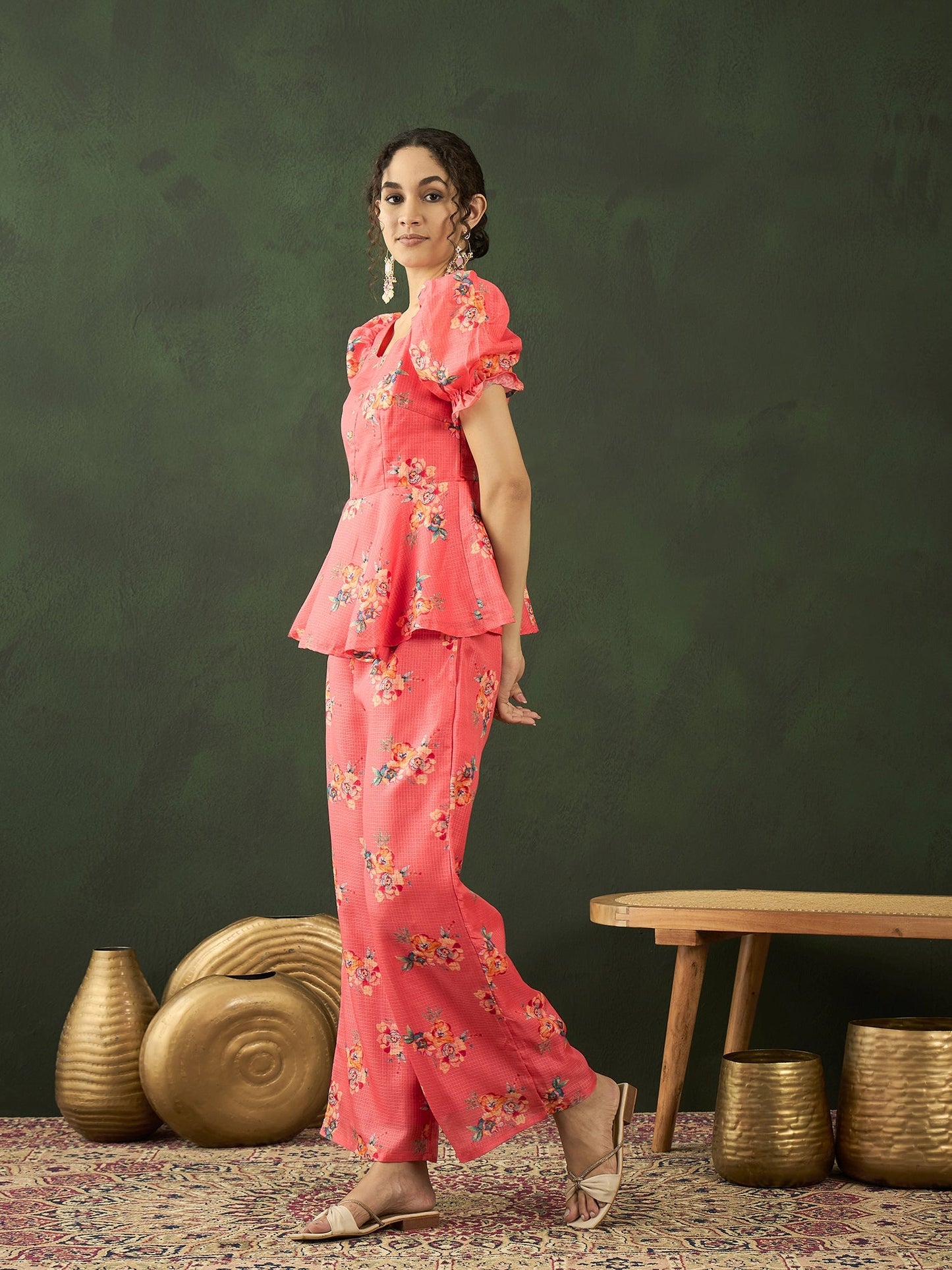 Coral Floral Print Co-ords Set - Elganza