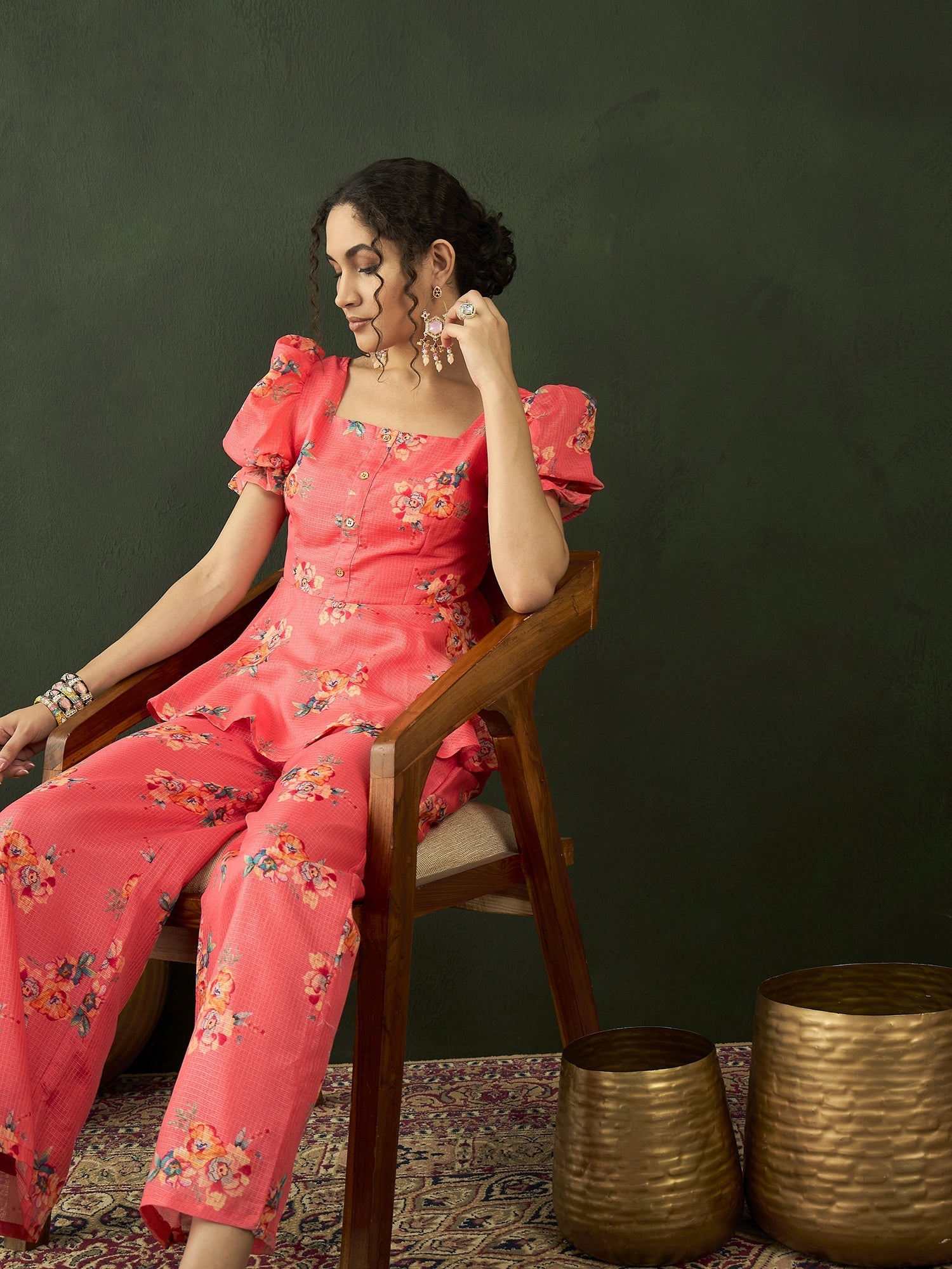 Coral Floral Print Co-ords Set - Elganza