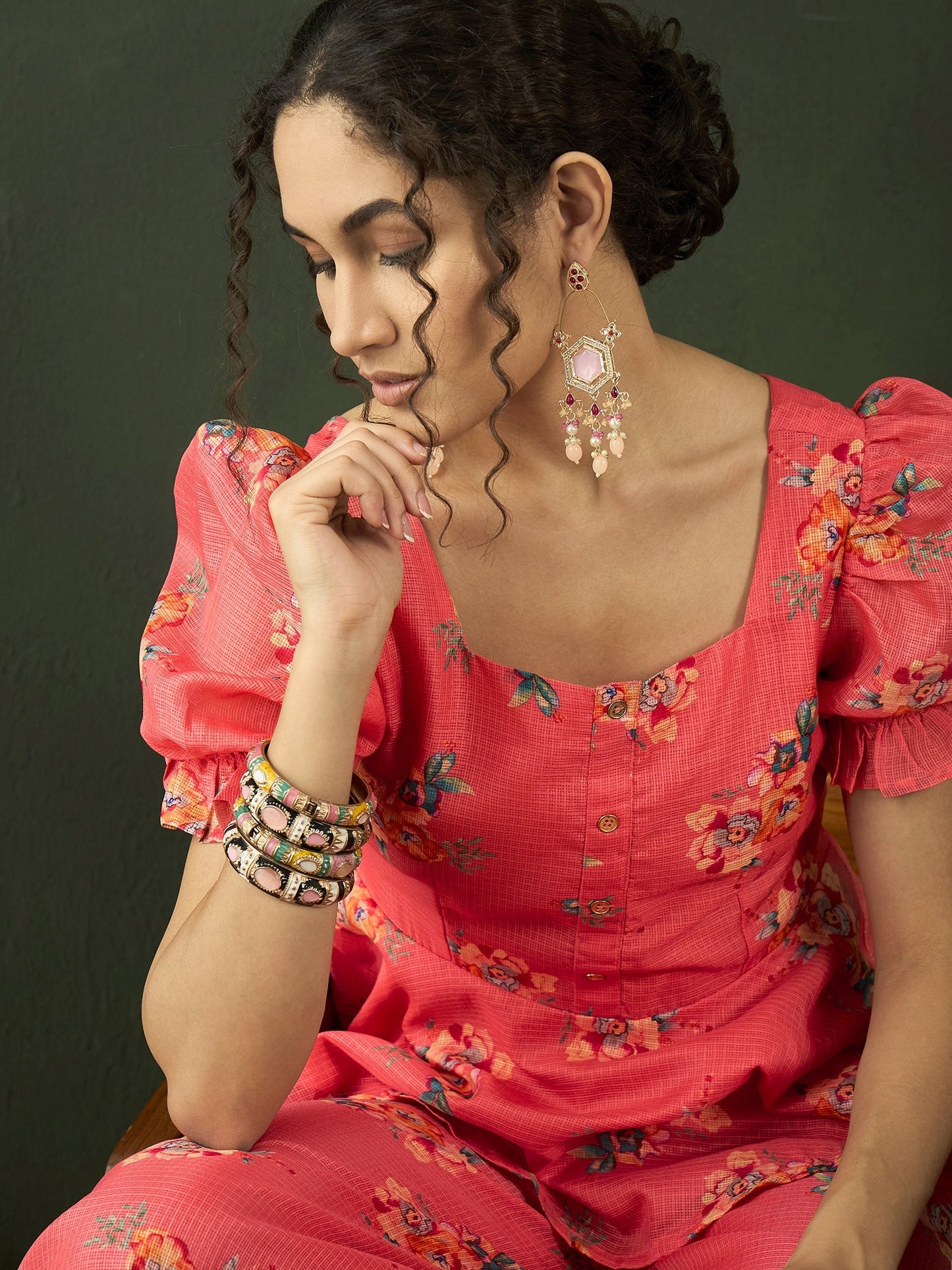 Coral Floral Print Co-ords Set - Elganza