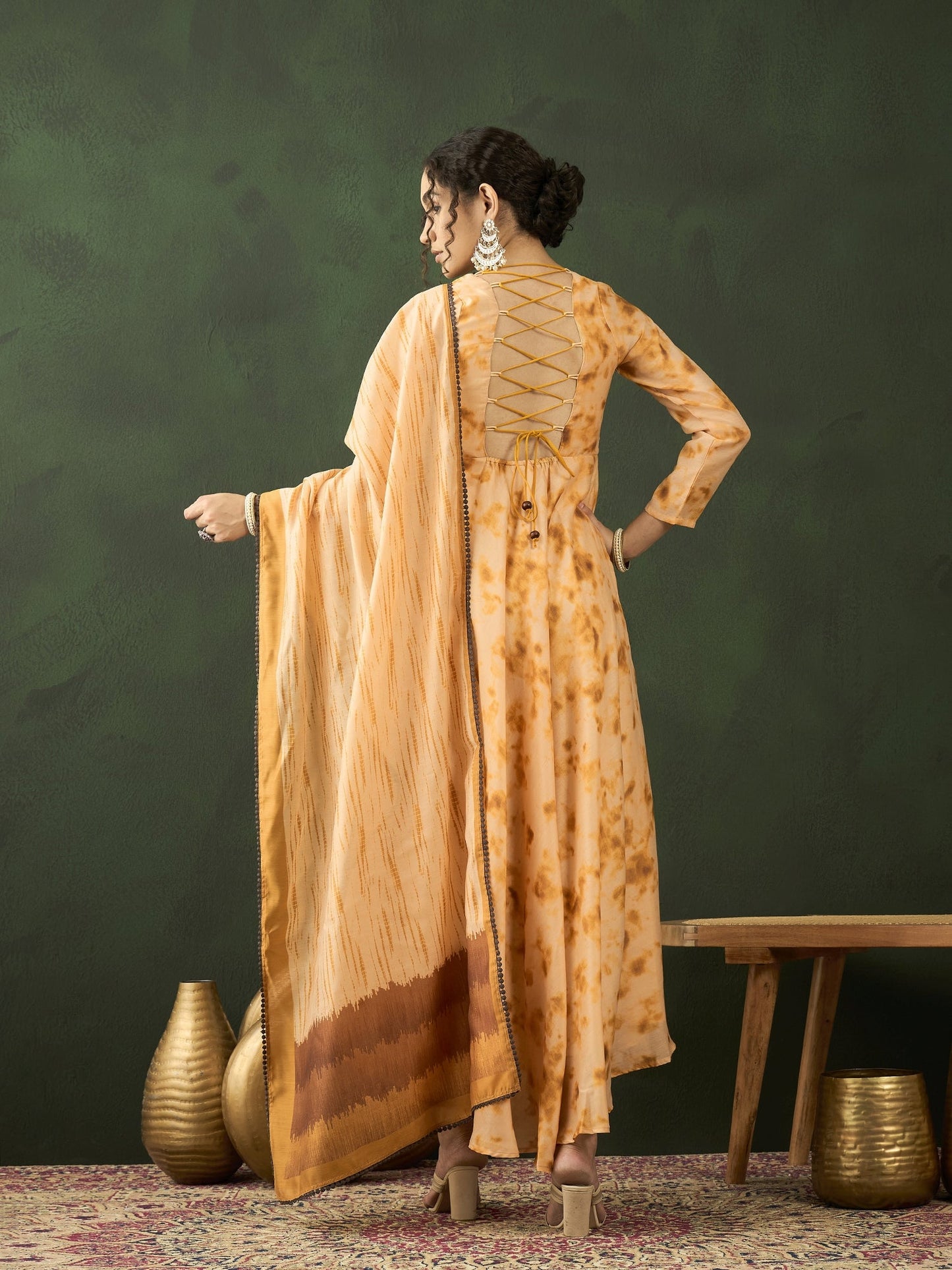 Cream Tie & Dye backless Maxi Dress With Dupatta - Elganza