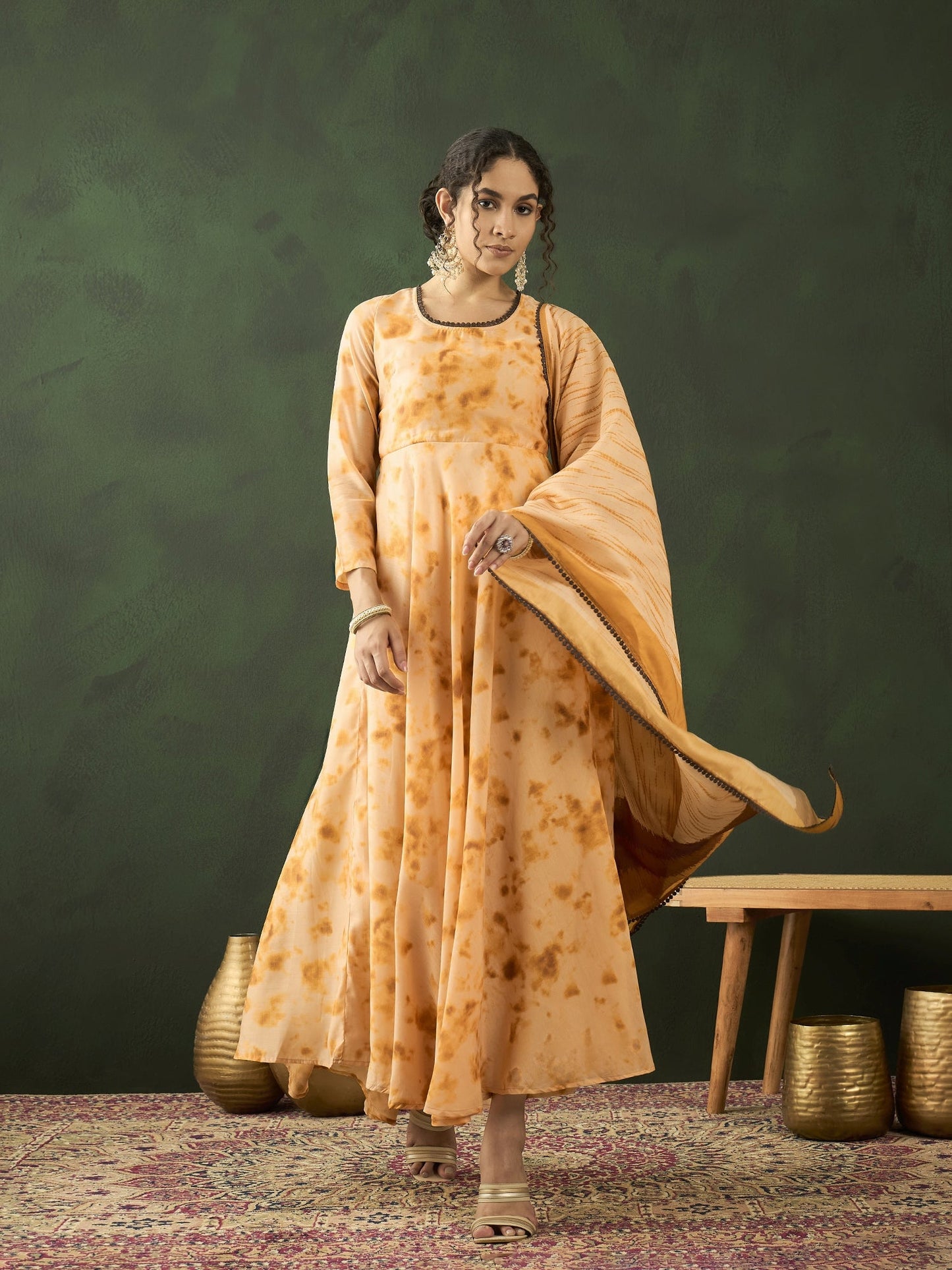 Cream Tie & Dye backless Maxi Dress With Dupatta - Elganza