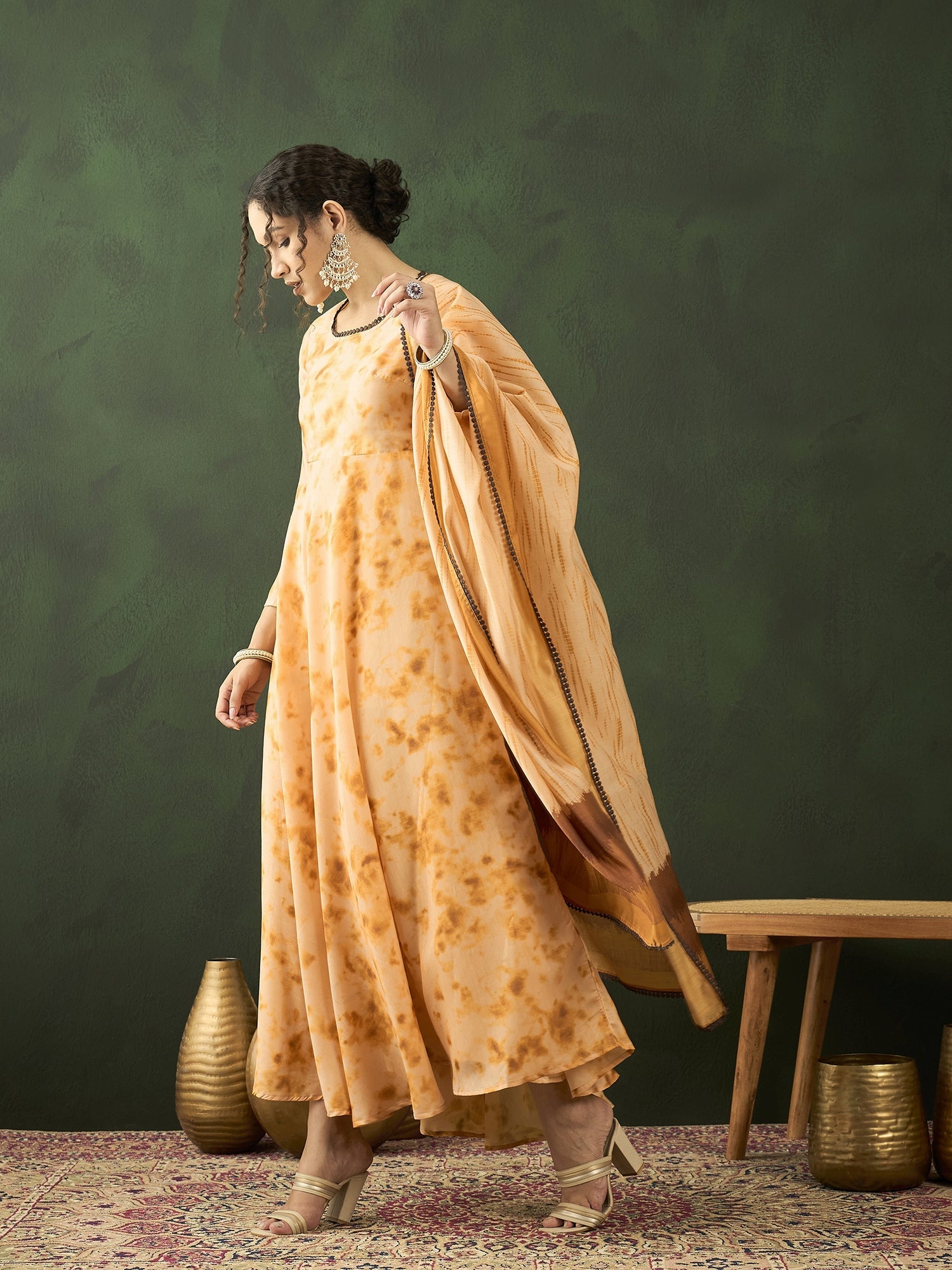Cream Tie & Dye backless Maxi Dress With Dupatta - Elganza