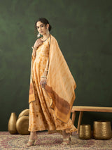 Cream Tie & Dye backless Maxi Dress With Dupatta - Elganza