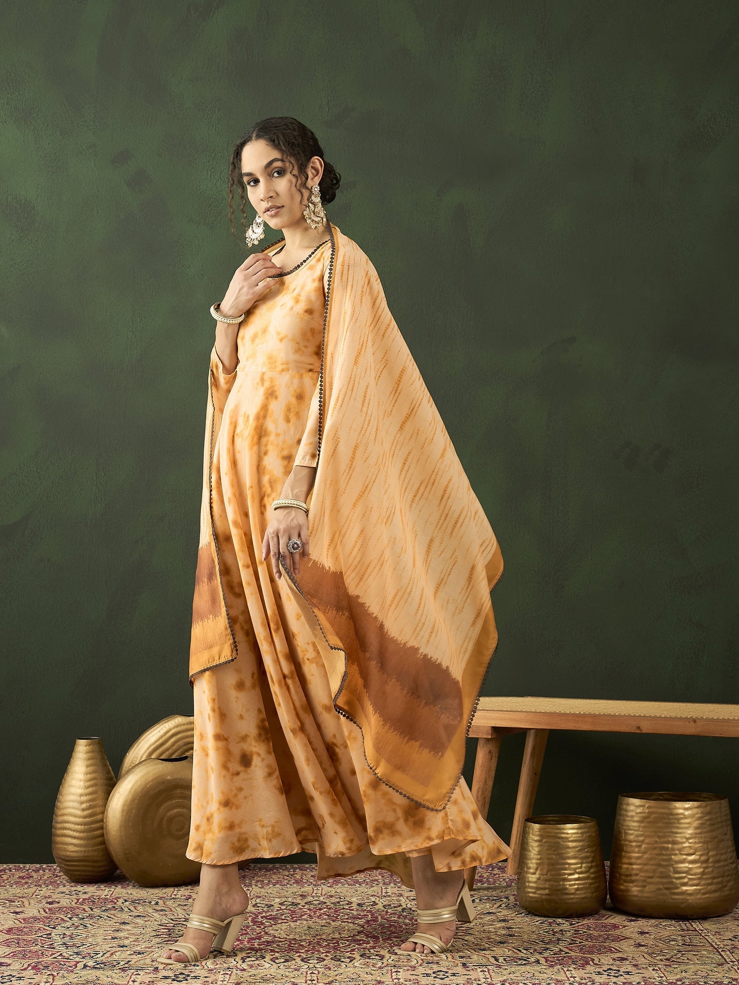 Cream Tie & Dye backless Maxi Dress With Dupatta - Elganza
