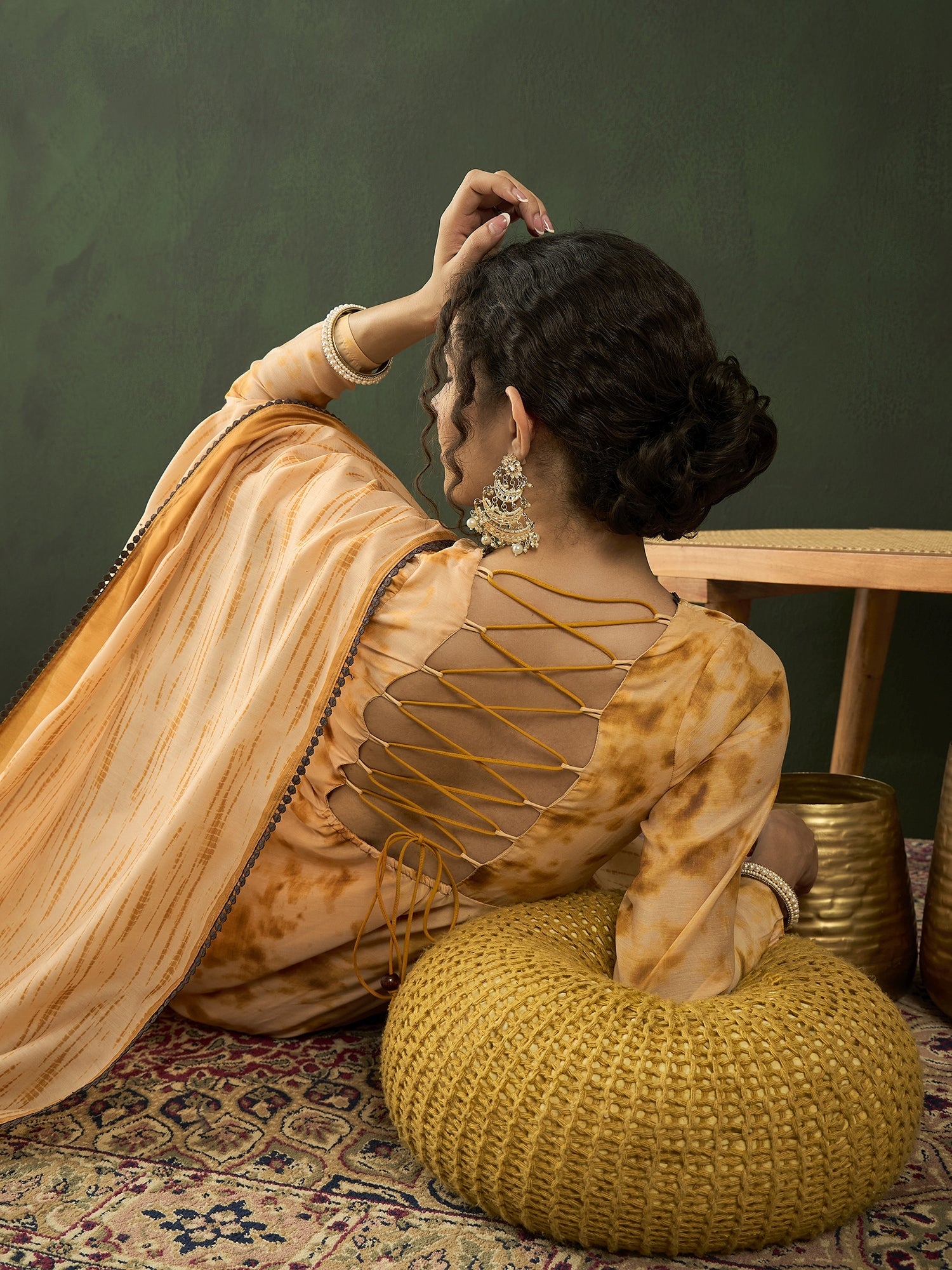 Cream Tie & Dye backless Maxi Dress With Dupatta - Elganza