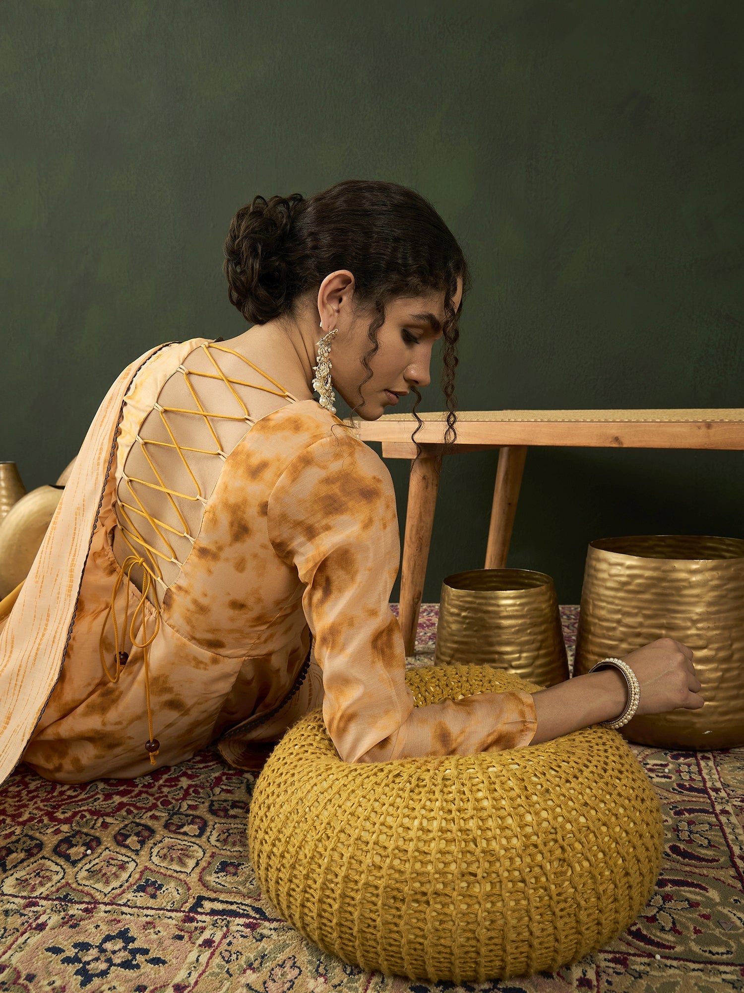 Cream Tie & Dye backless Maxi Dress With Dupatta - Elganza