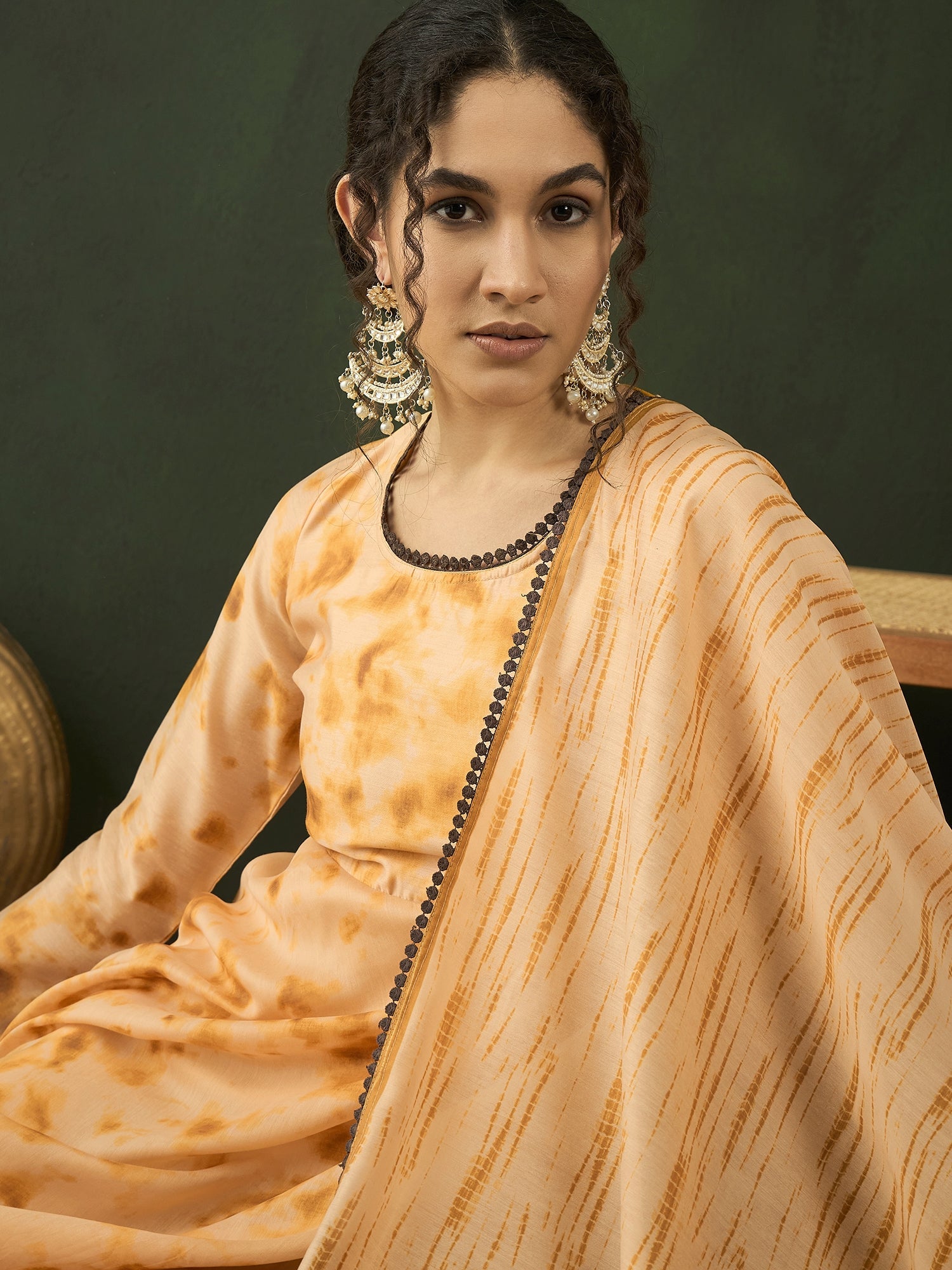 Cream Tie & Dye backless Maxi Dress With Dupatta - Elganza