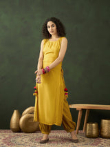 Mustard Rayon Kurta With Side Tassels - Elganza