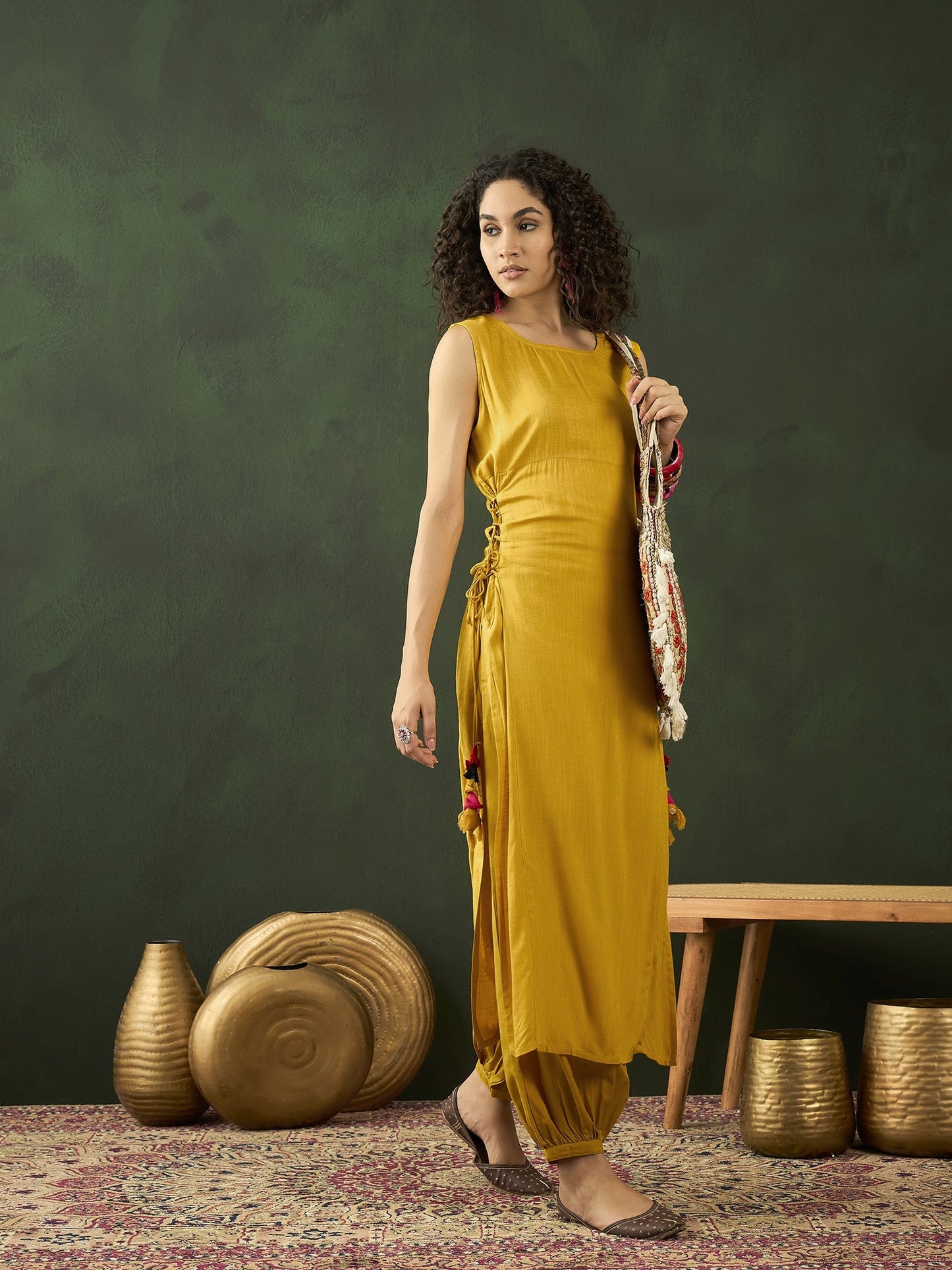 Mustard Rayon Kurta With Side Tassels - Elganza