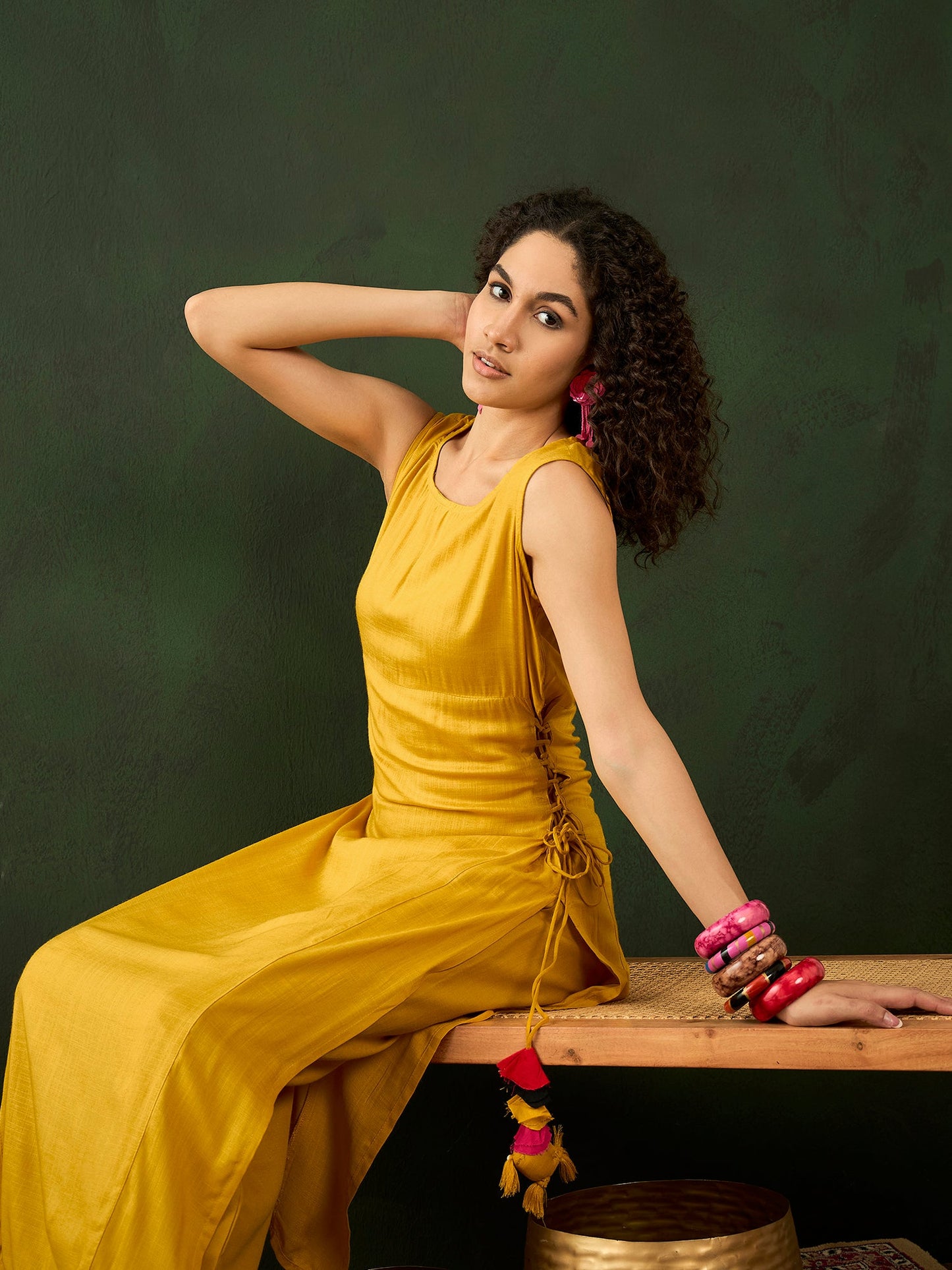 Mustard Rayon Kurta With Side Tassels - Elganza