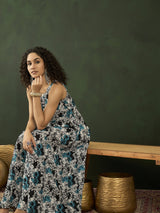Blue & White Floral Print Maxi Dress - Elganza