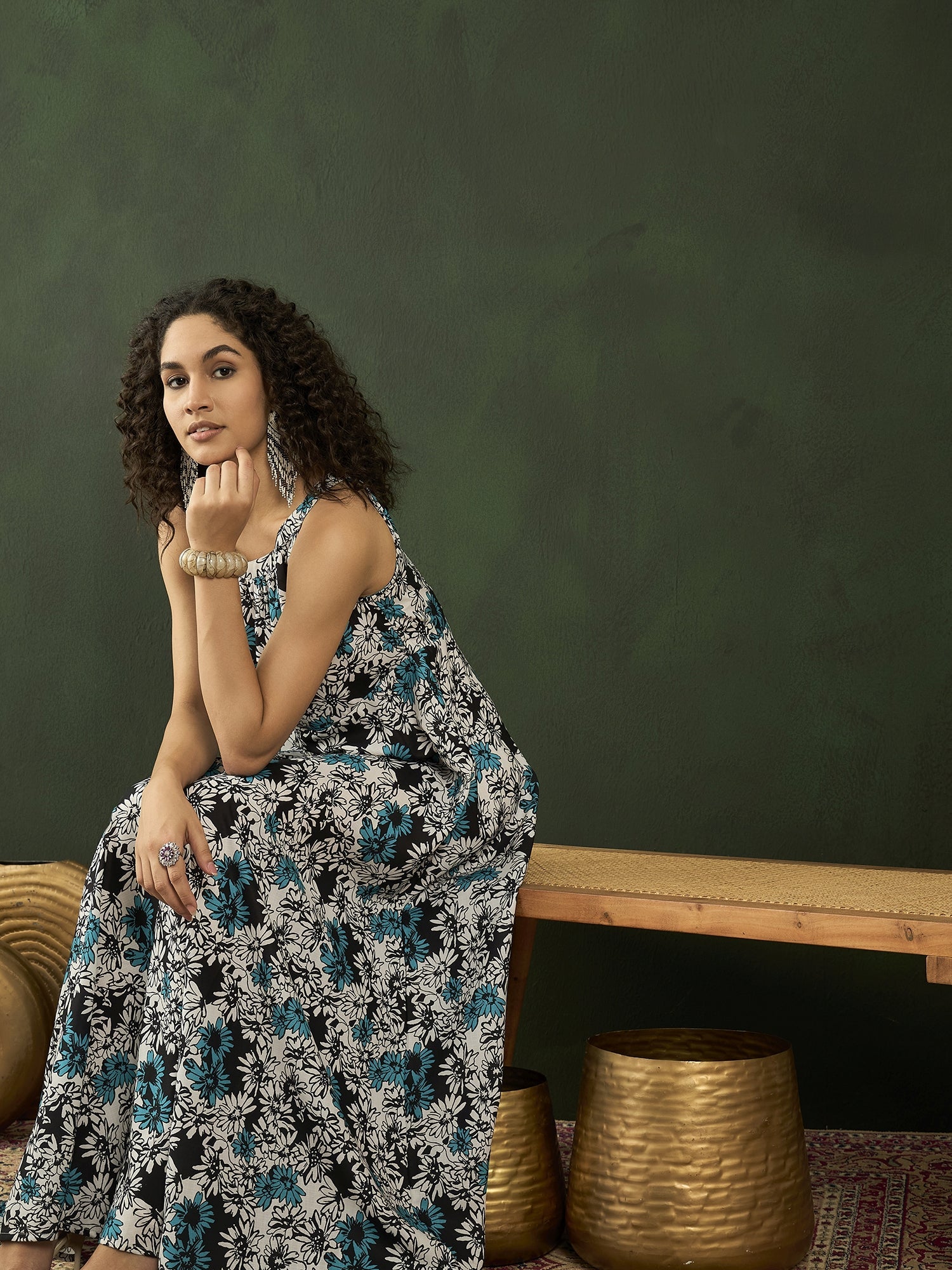 Blue & White Floral Print Maxi Dress - Elganza