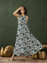 Blue & White Floral Print Maxi Dress - Elganza