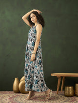 Blue & White Floral Print Maxi Dress - Elganza