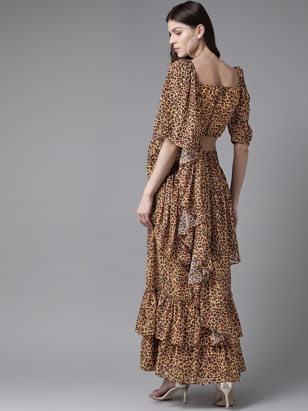 Yellow Leopard Print Frilled Saree With Blouse - Elganza