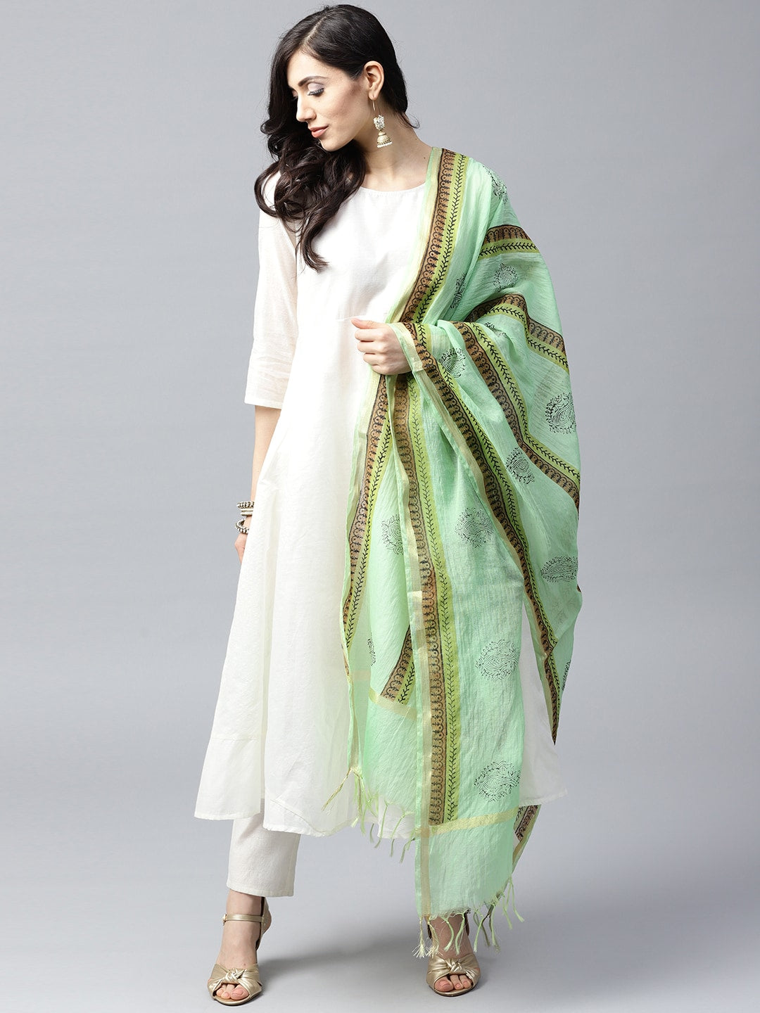 Green Hand Block Printed Dupatta - Elganza