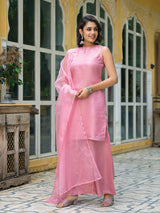 Blush Pink Sleevessless Kurta Sharara With Organza Sequinned Dupatta - Elganza