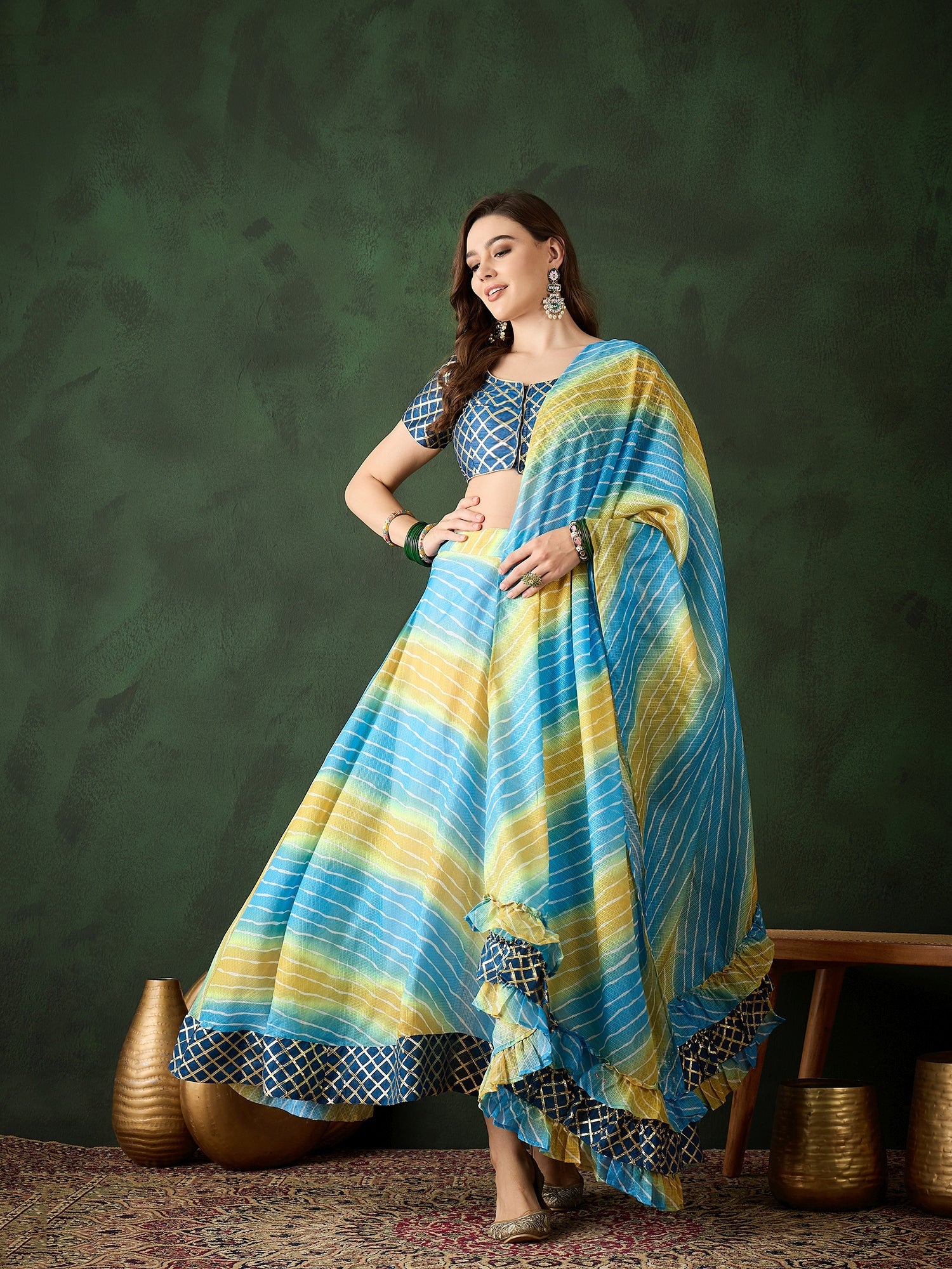 Blue Leheriya Print Lehenga Choli With Dupatta - Elganza