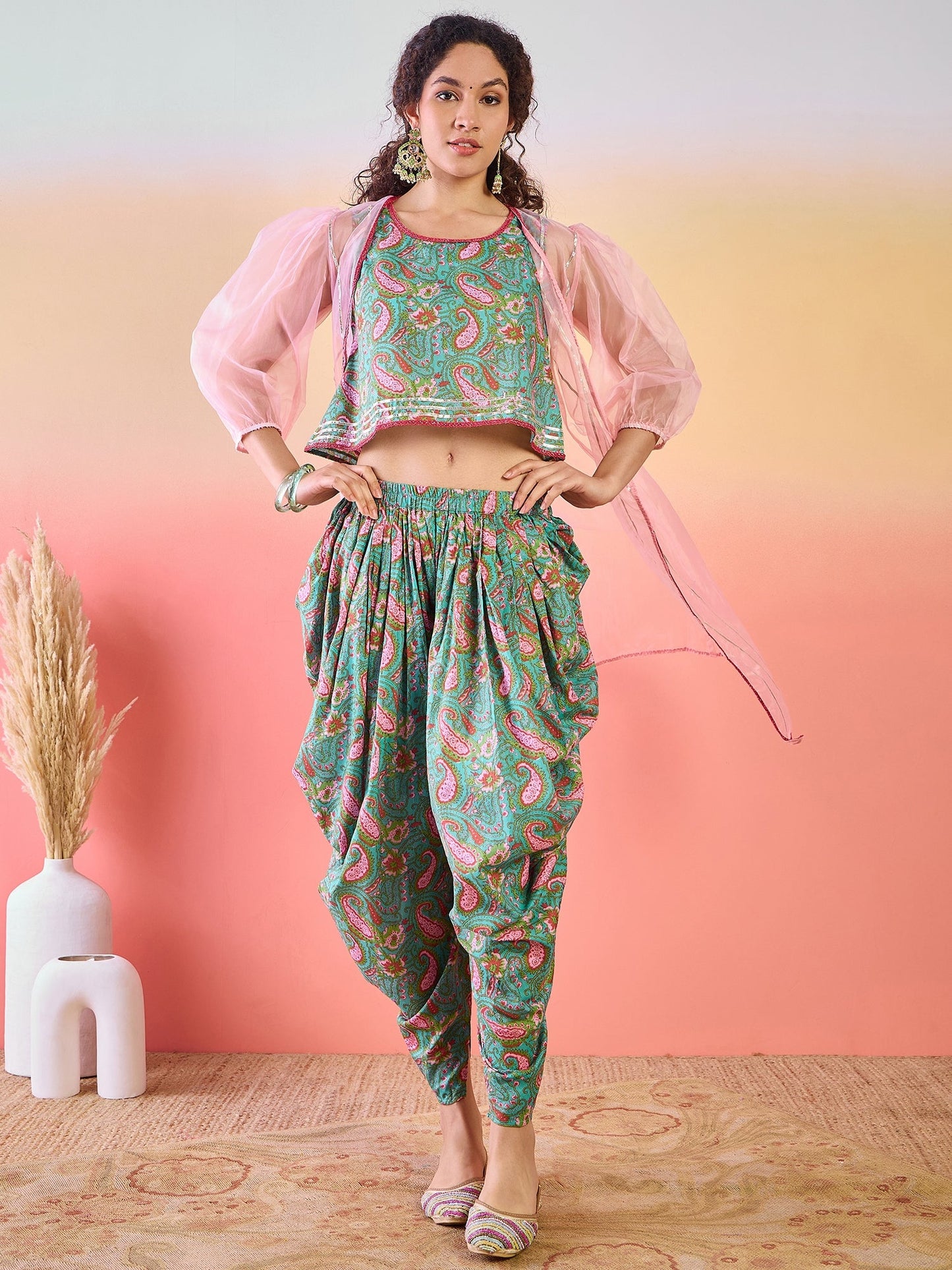 Light Blue Floral Print Dhoti Co-Ord Set With Jacket - Elganza