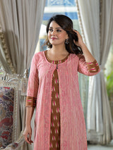 Brown Ikat Print Kurta With Striped Jacket - Elganza