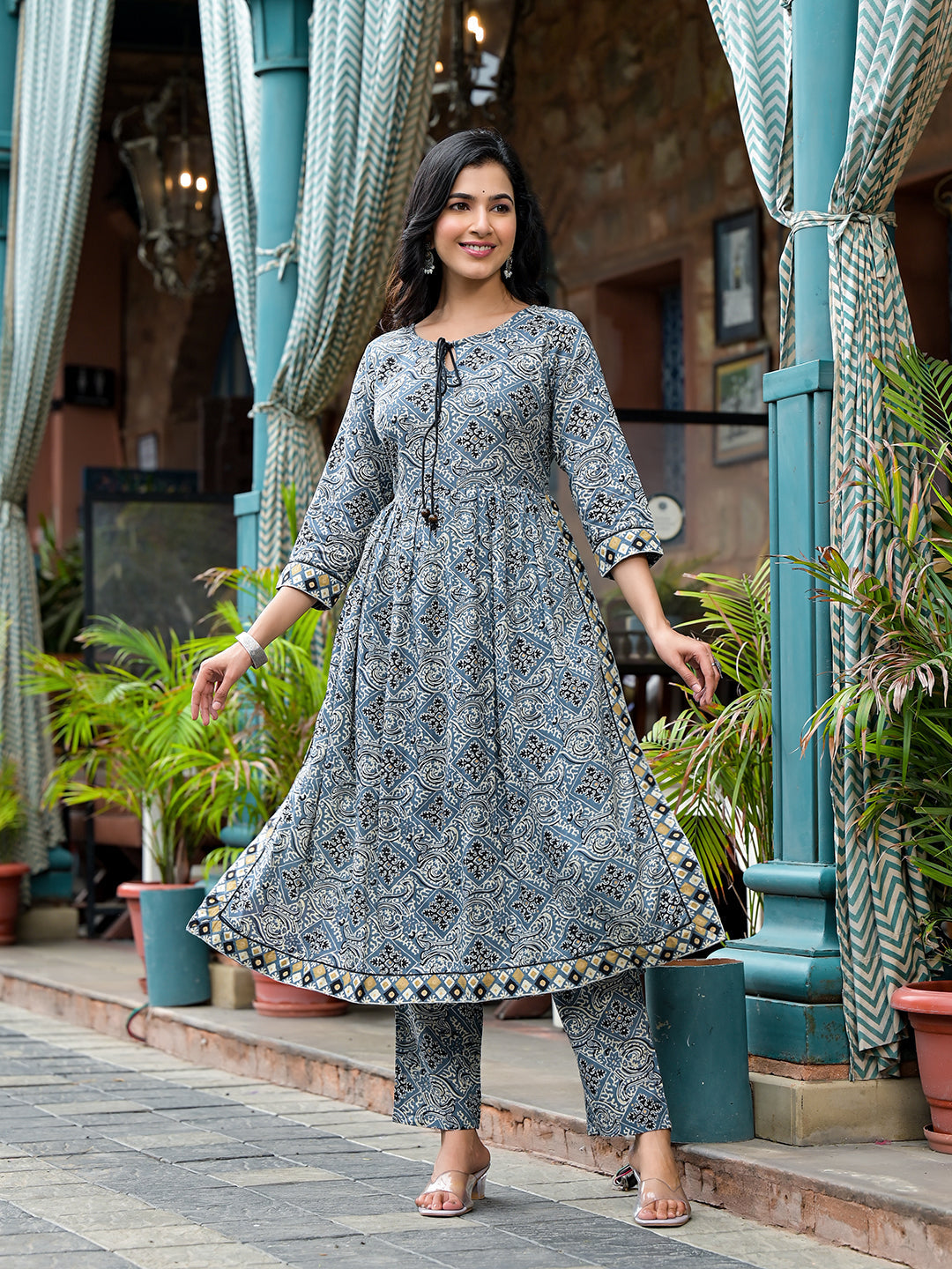 Blue Nyra Cut A-Line Kurta Set - Elganza