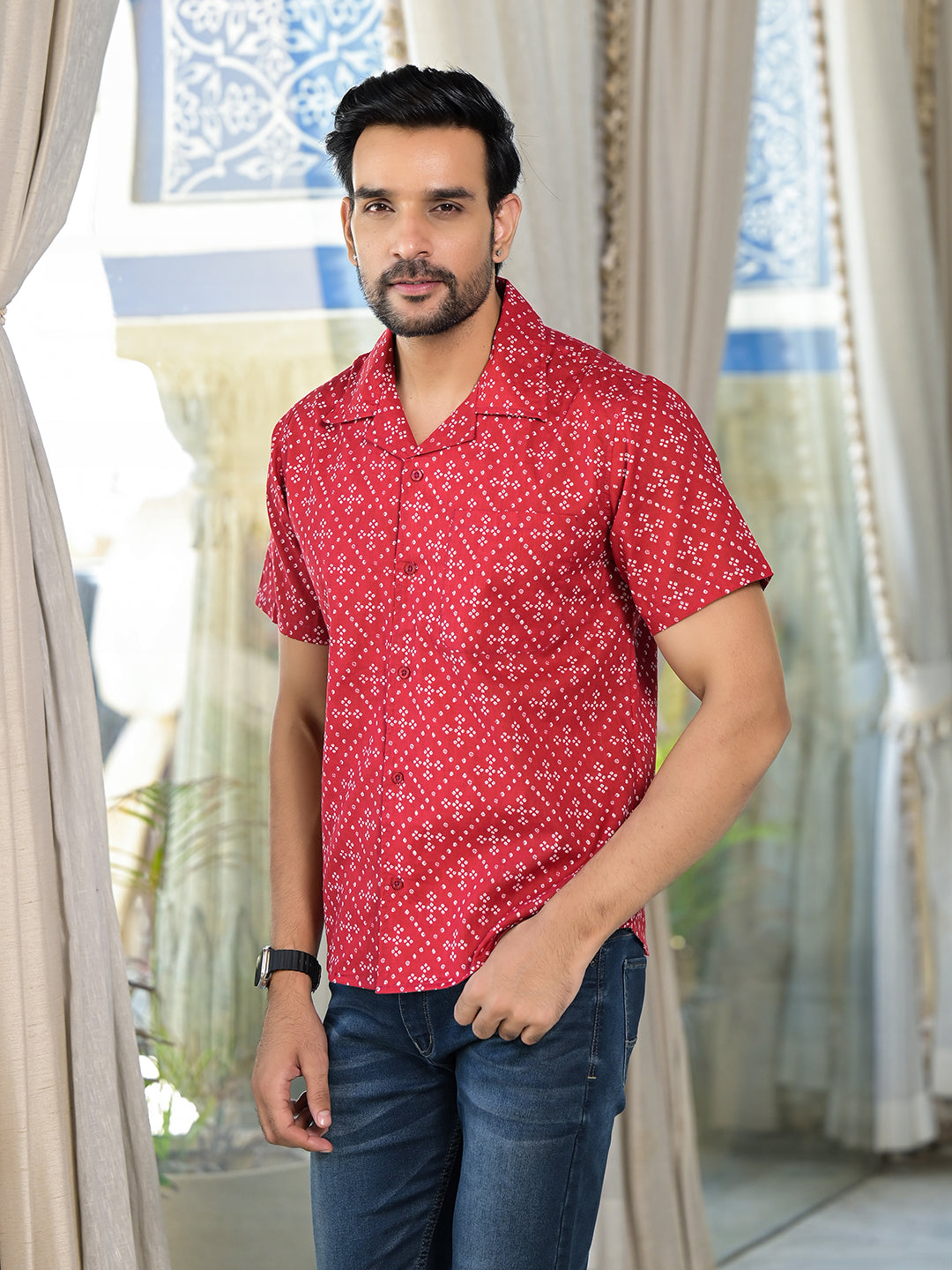 Red Bandhani Printed Shirt - Elganza