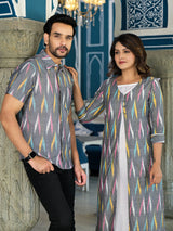 Grey & Off White Ikat Printed Couple Combo Set - Elganza