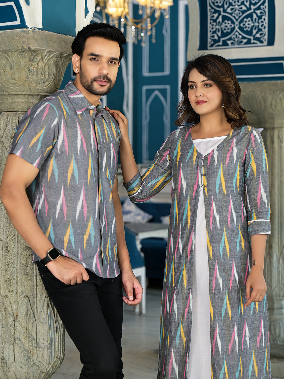 Grey & Off White Ikat Printed Couple Combo Set - Elganza